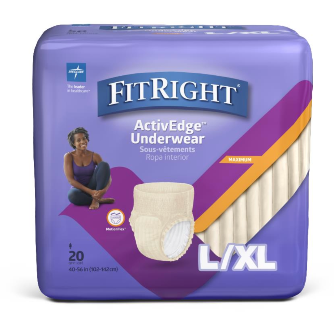 FitRight Ultra Womens Incontinence Underwear, Moderate Absorbency, size L/XL features a purple background with an image of a smiling woman sitting cross-legged on the left. The pack includes 20 pieces with an absorbent core and anti-leak guards for ultimate protection.